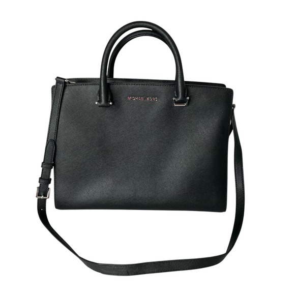 Michael Kors Large‎ Savannah Saffiano Leather Satchel Bag Black & Silver - Picture 1 of 12